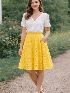 Grace Elements Yellow Lace Skirt A-Line Fit Flare Feminine Spring Bright Large